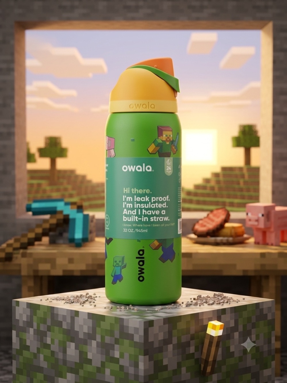 Owala LEGO Minecraft Green Insulated Water Bottle Built-In Straw 32oz freesip